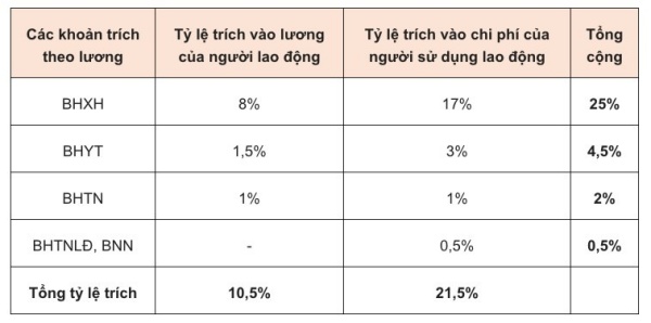 Bảng tỷ lệ trích đóng các khoản bảo hiểm